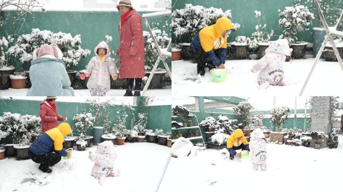 一家人玩雪打雪仗