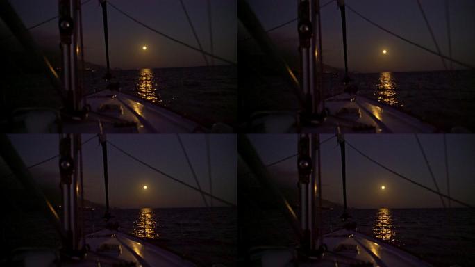 夜晚的海景渔船出海捕鱼夜景渔民打渔