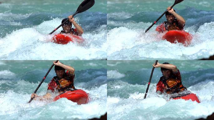专业皮划艇手在激流中划皮划艇的超慢镜头