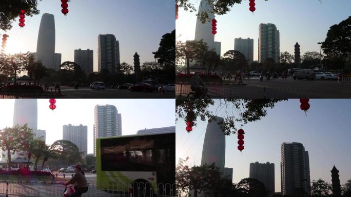早晨容桂文塔公园天佑城十字路口红绿灯