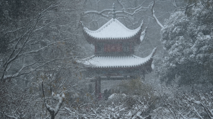 4K风雪中的岳麓山爱晚亭延时空镜