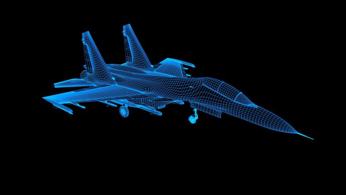 蓝色全息科技线框歼15战机动画素材带通道