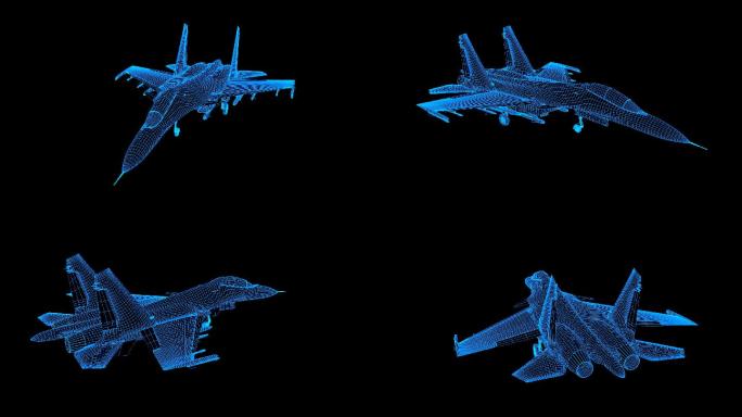 蓝色全息科技线框歼15战机动画素材带通道