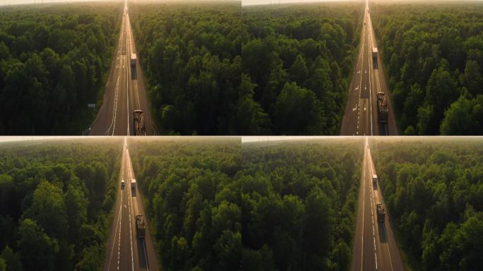 公路运输的卡车树林贯穿森林的道路高速公路