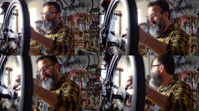 男人在车间维修自行车