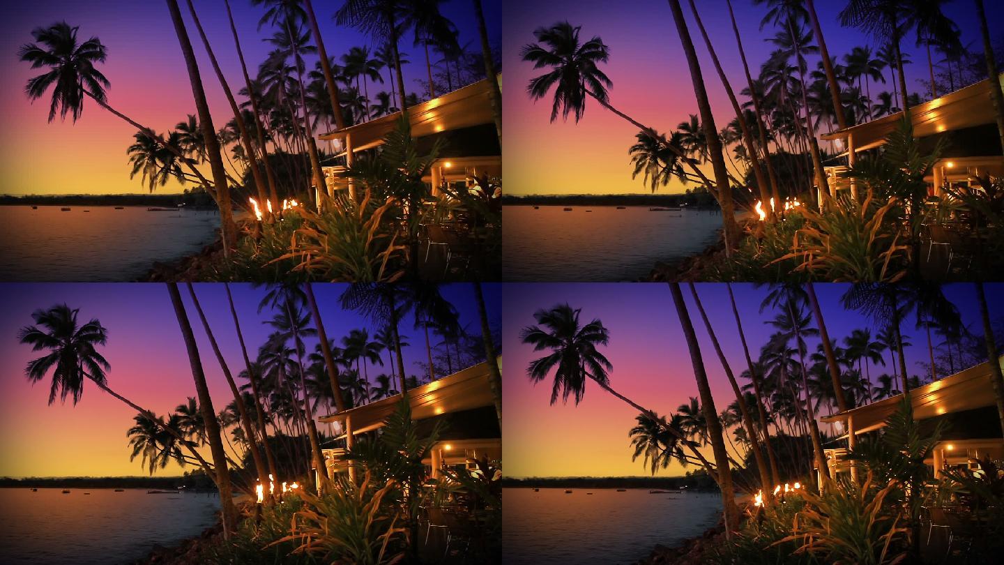 日落时的热带岛屿海滩酒吧和餐厅