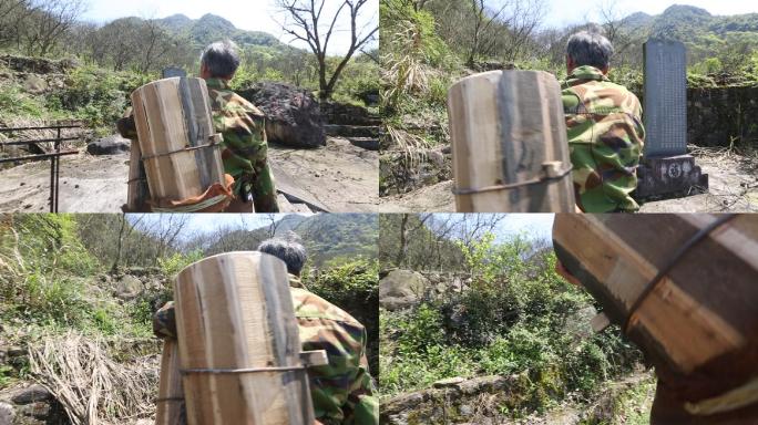 中国农村的养蜂人背着蜂桶上山原素材