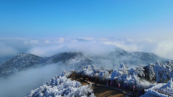 航拍丽水敕木山雾淞雪景风光