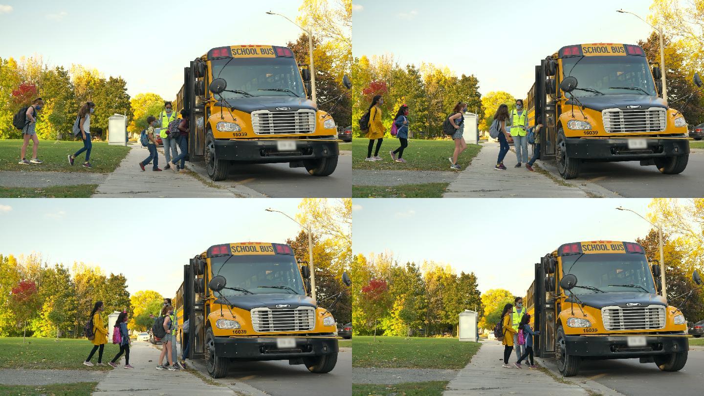 学生上校车背包公交车司机返校