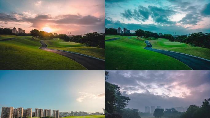 golf高尔夫球场延时唯美4K夕阳草坪