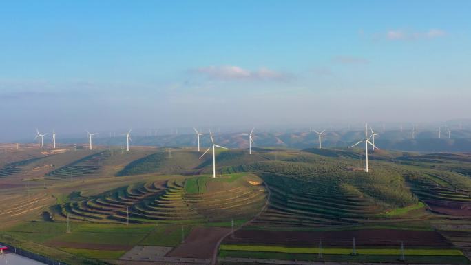 航拍宁夏地区高原风貌新能源风机