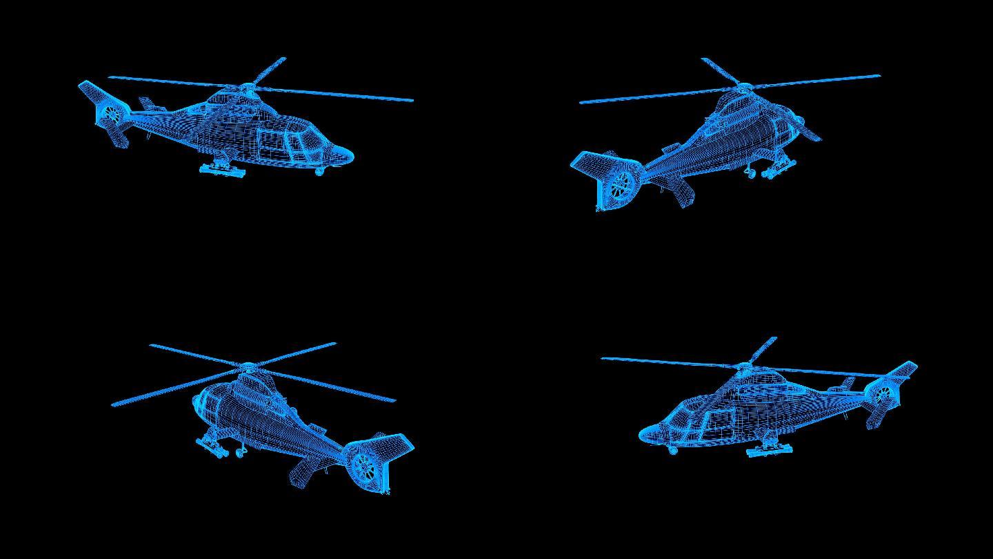 蓝色线框全息科技直10直升飞机动画带通道