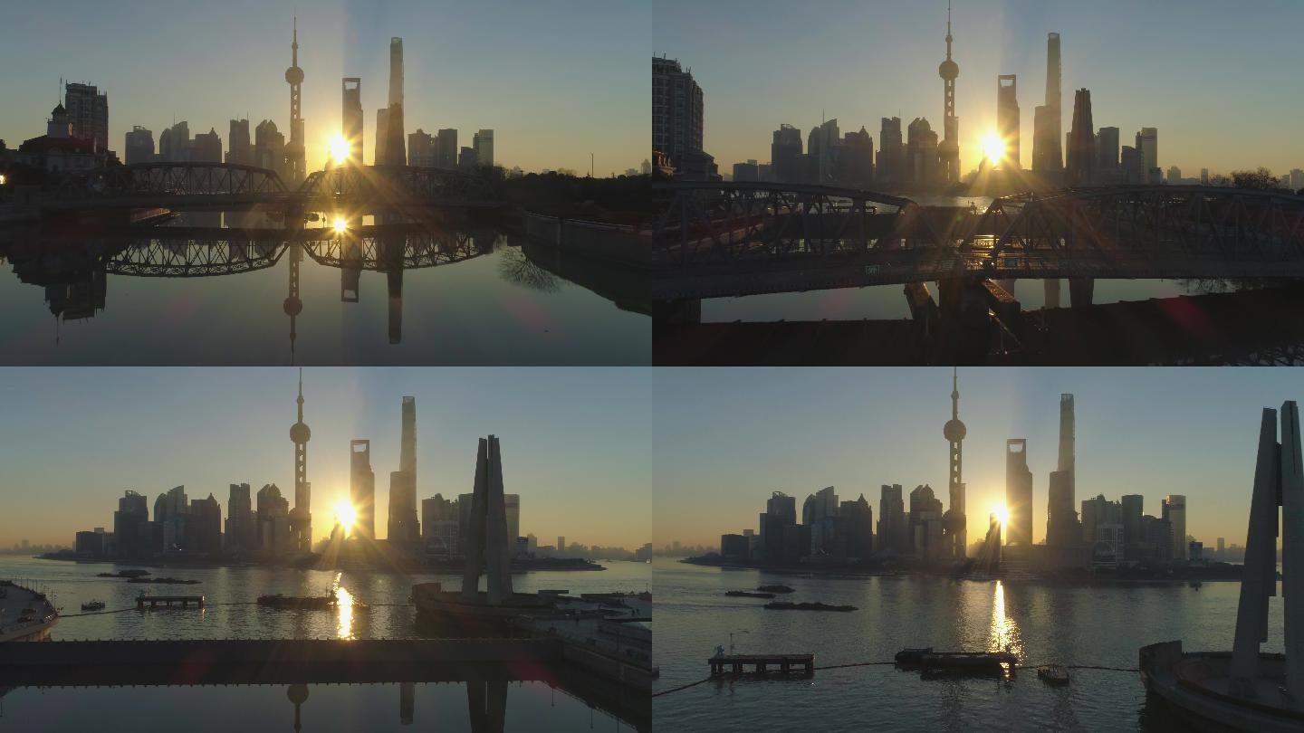 阳光明媚的早晨，日出时的上海天际线。