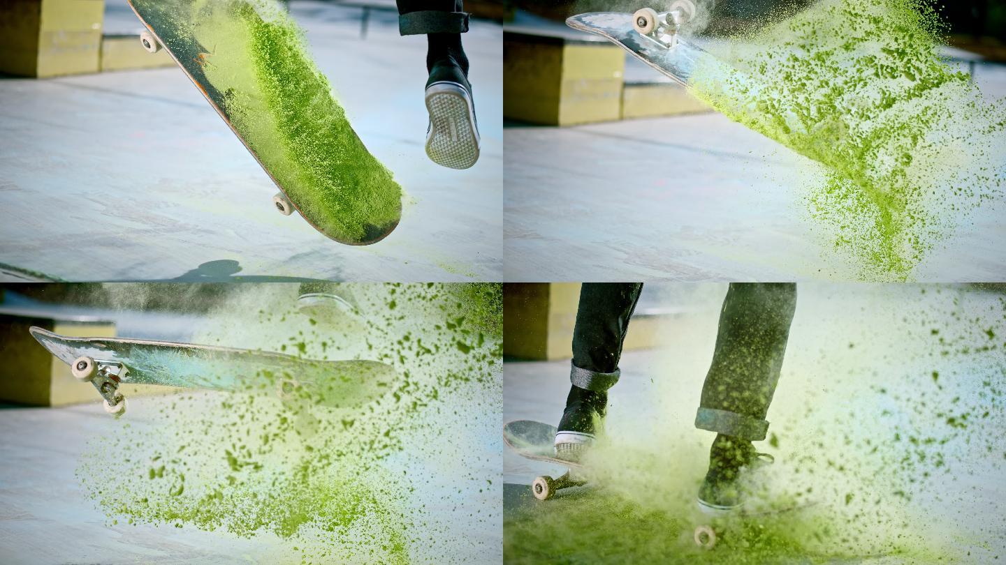 当滑板翻转滑板时，绿色的灰尘飞到空中