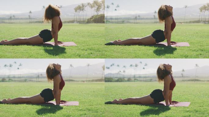 妇女在做晨练瑜伽教练教学视频健康生活方式