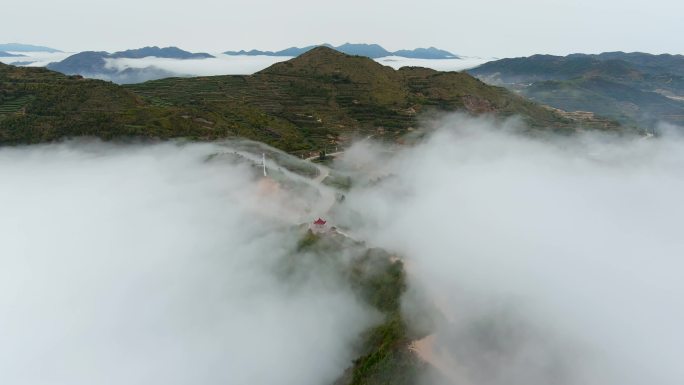 航拍厦门同安白胶祠茶山，乡村和云海