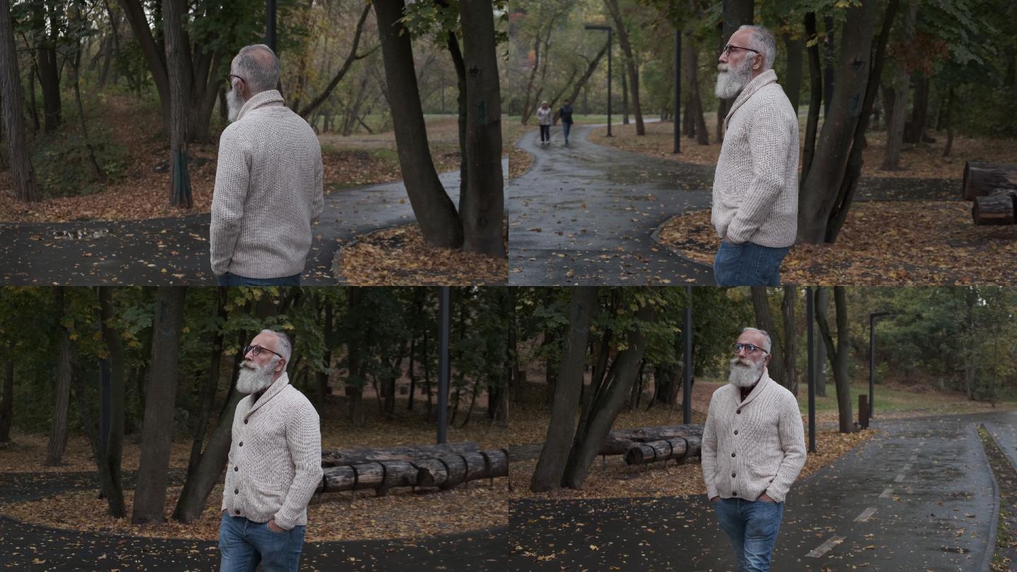 大胡子老人在公园里散步