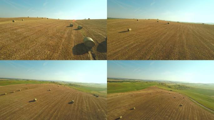 空中拍摄的麦秸捆铺在一块巨大的田地上
