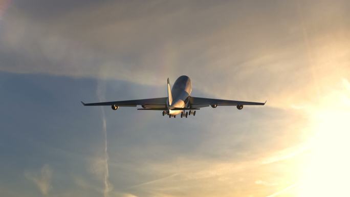 在美丽的日落中起飞的大型客机