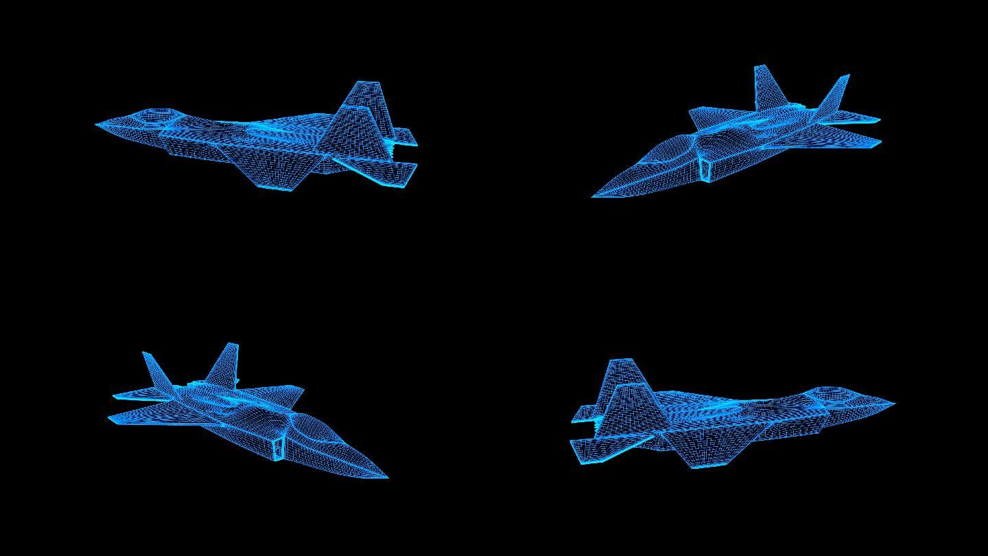 蓝色全息科技线框歼31战机动画素材带通道