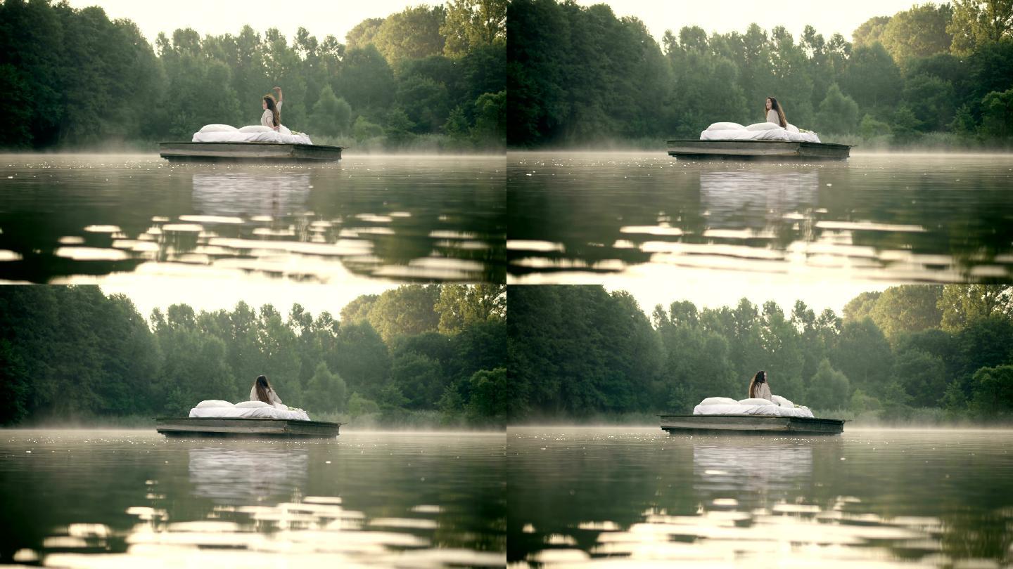 湖面上醒来的女人浮船宁静的场景羽绒被