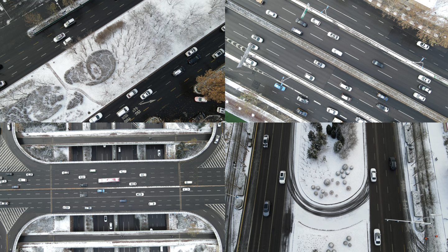 【4K】航拍大雪后的城市道路交通车流街道