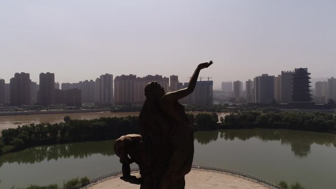 甘肃兰州滨河路湿地公园伏羲女娲雕塑航拍