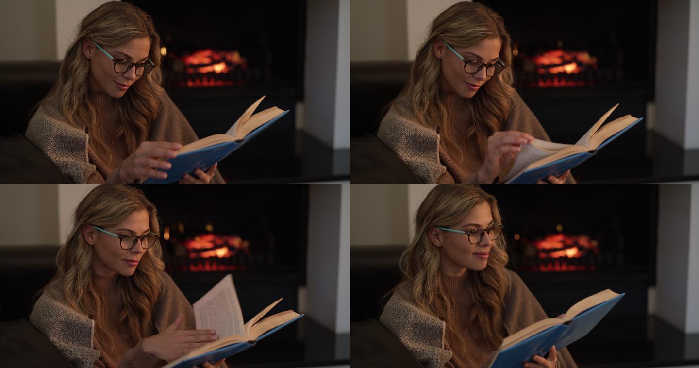 在家休息时看书温暖壁炉看书