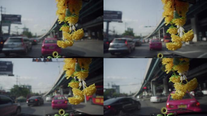 泰国曼谷汽车内鲜花制作的车挂