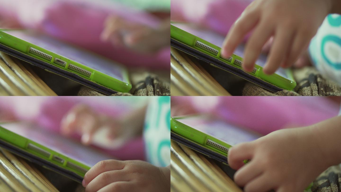 小女孩使用数字平板电脑，特写