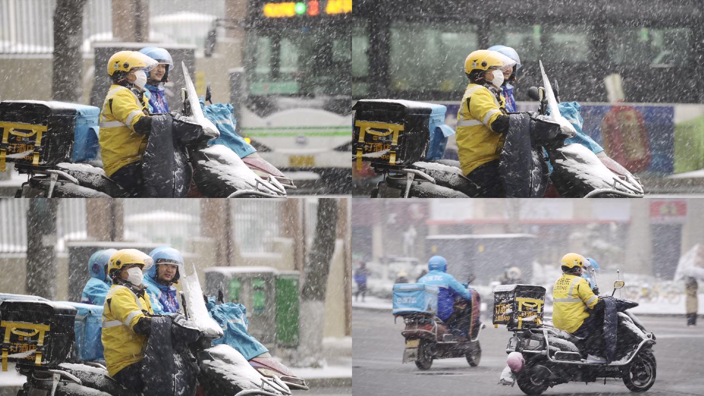 大风雪纷飞外卖小哥送餐