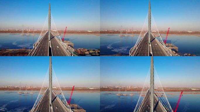 天津冬季独流减河上的团泊新桥风光
