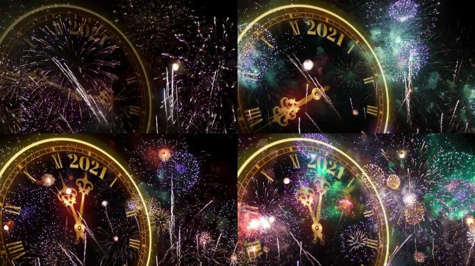 新年快乐2021时钟计数和火花，烟花表演2021