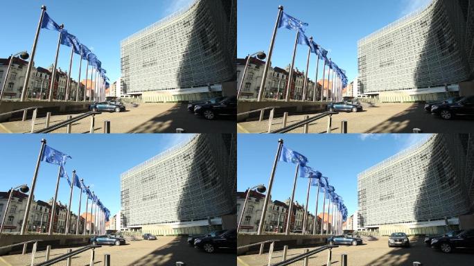 欧洲国旗欧盟大楼蓝旗飘飘地标国外