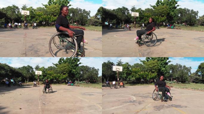 坐在轮椅上的女篮球运动员在镜头前展示旋转