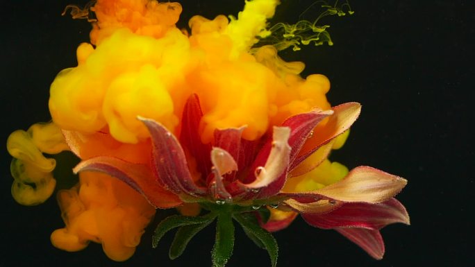 水下流动的橙色菊花的慢运动