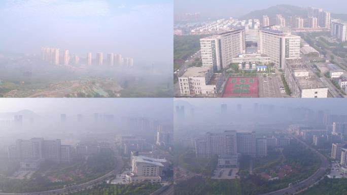 航拍山东枣庄市政府驻地雾霾天气