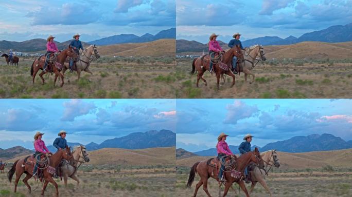黄昏时分两位朋友骑马的实时视频。
