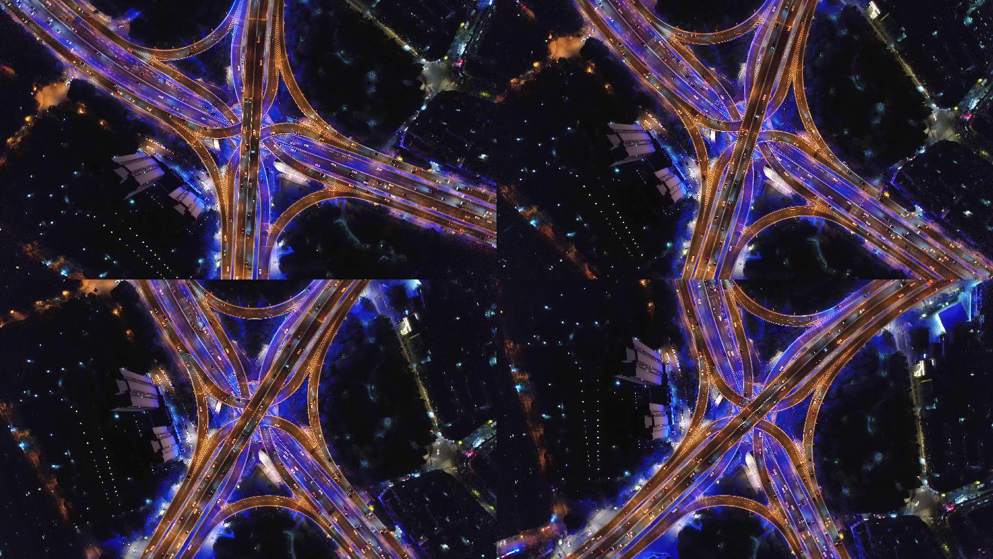 航拍夜晚上海延安路立交