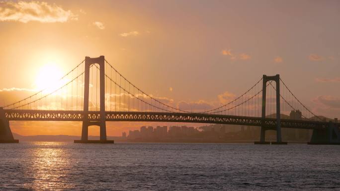 大连城市风光星海湾大桥日落夕阳海上建筑