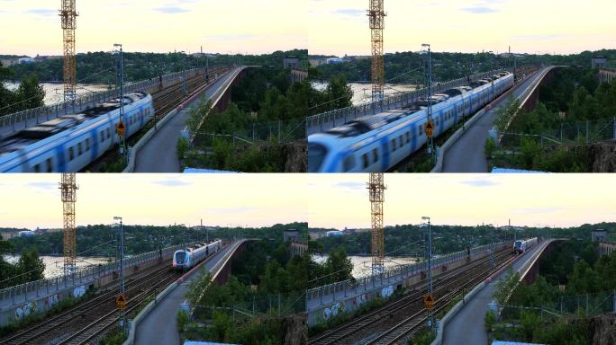 黄昏时分火车从桥上经过