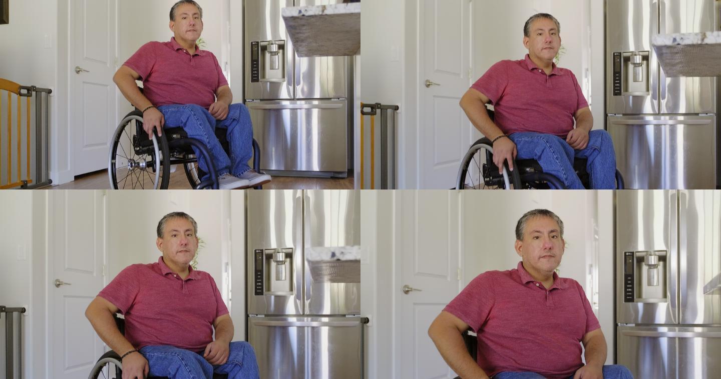 在家里坐轮椅的残疾人。