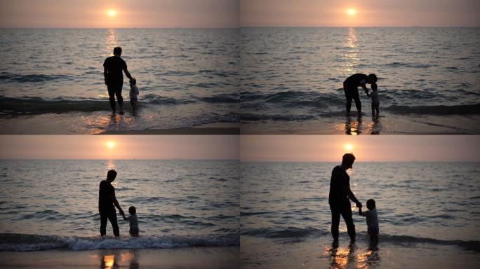 夕阳下，父子手牵着手在海滩上散步。