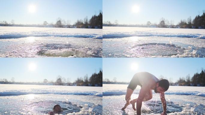 男人在冬泳俄罗斯冬季冬天俄国男性