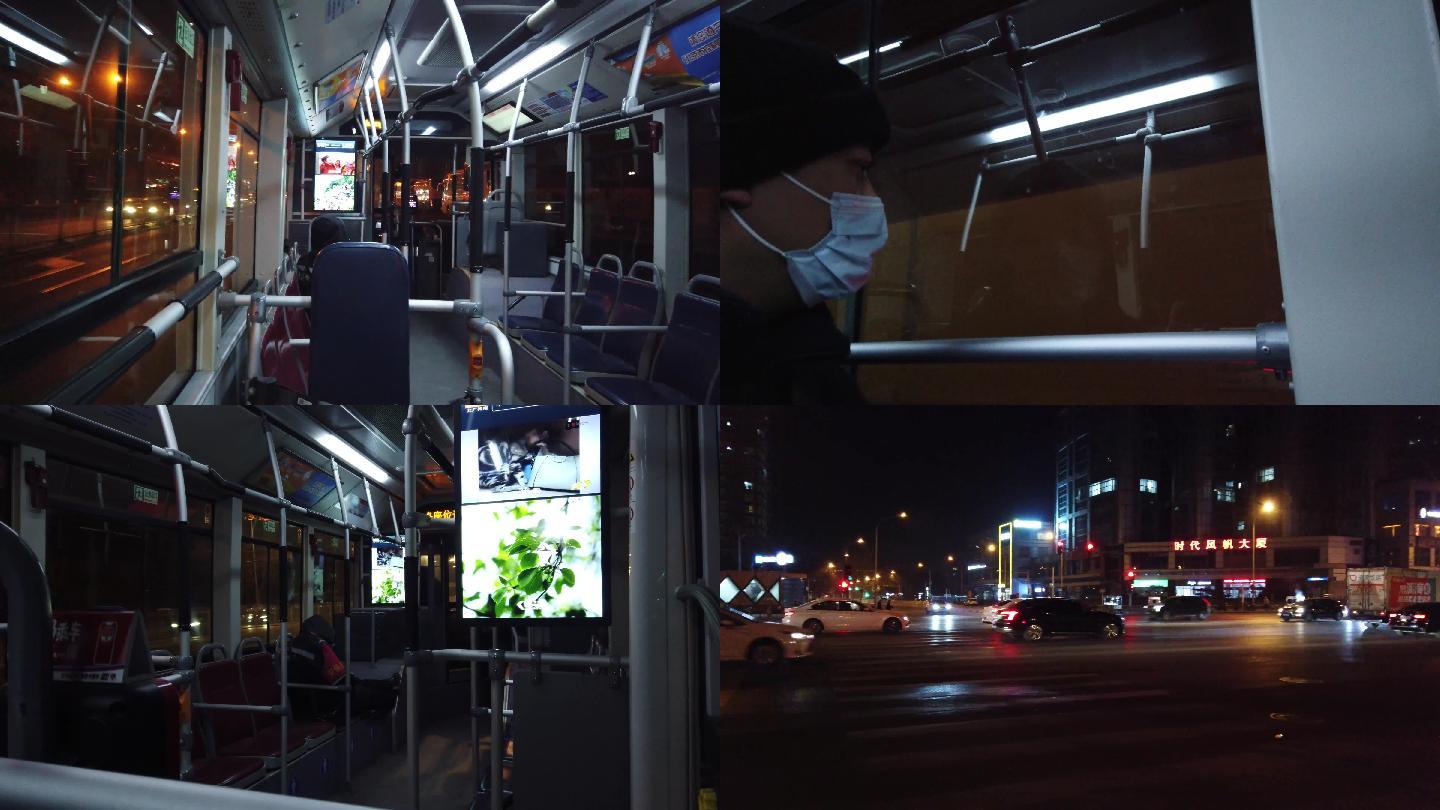 4k实拍夜班公交上车下车到站路口
