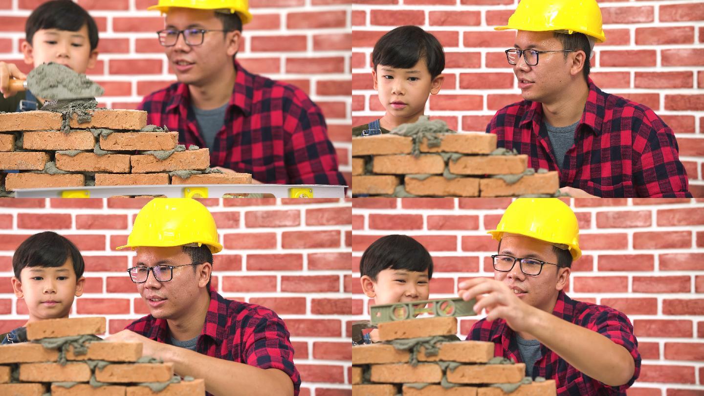 儿子在父亲的帮助下动手砌砖盖新房子