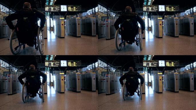 残疾男子在车站上班族公共车交通坐地铁玩手