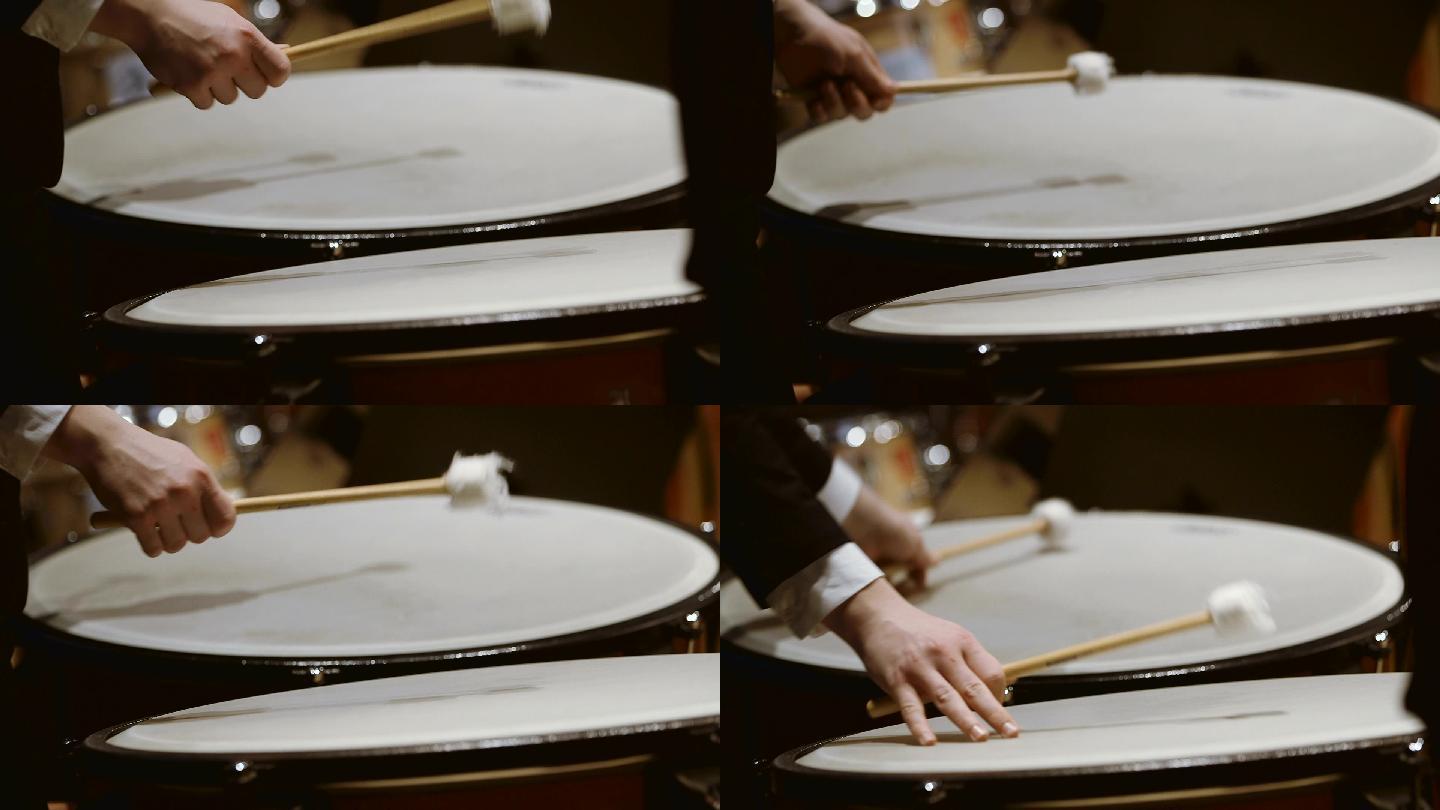 音乐家在音乐会上演奏铜鼓的特写镜头