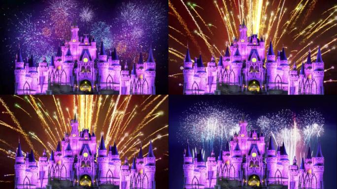 卡通童话烟花城堡 城堡公主 喜庆节日背景
