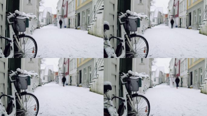 挪威冬季圣诞节雪天街景寒冷